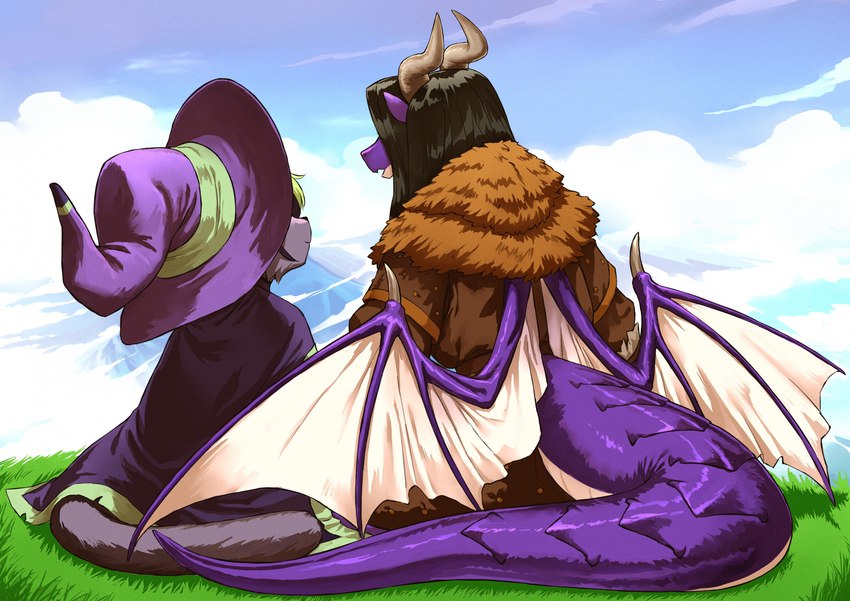 anthro black_body black_fur black_hair cheek_tuft cloak clothing cloud coat duo facial_tuft female fur fur_lined_clothing grass green_highlights hair hat headgear headwear highlights_(coloring) horn light_armor magic_user multicolored_body multicolored_scales plant purple_body purple_scales rear_view scales scenery sitting sitting_on_ground sky tail talking_to_another text topwear tuft two_tone_body two_tone_scales wings witch witch_hat haraya mythology amethyst_aur lilian_blackthorne dragon felid feline mammal mythological_creature mythological_scalie scalie 2023 english_text hi_res story story_in_description