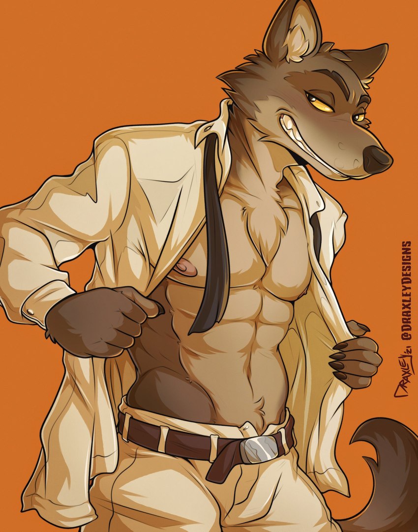 5_fingers abs anthro bottomwear clothed clothing fingers fur male male_anthro muscular muscular_anthro muscular_male open_clothing open_shirt open_topwear orange_background pants pecs shirt simple_background solo suit teeth topwear draxley dreamworks the_bad_guys mr._wolf_(the_bad_guys) canid canine canis mammal wolf 2021 hi_res