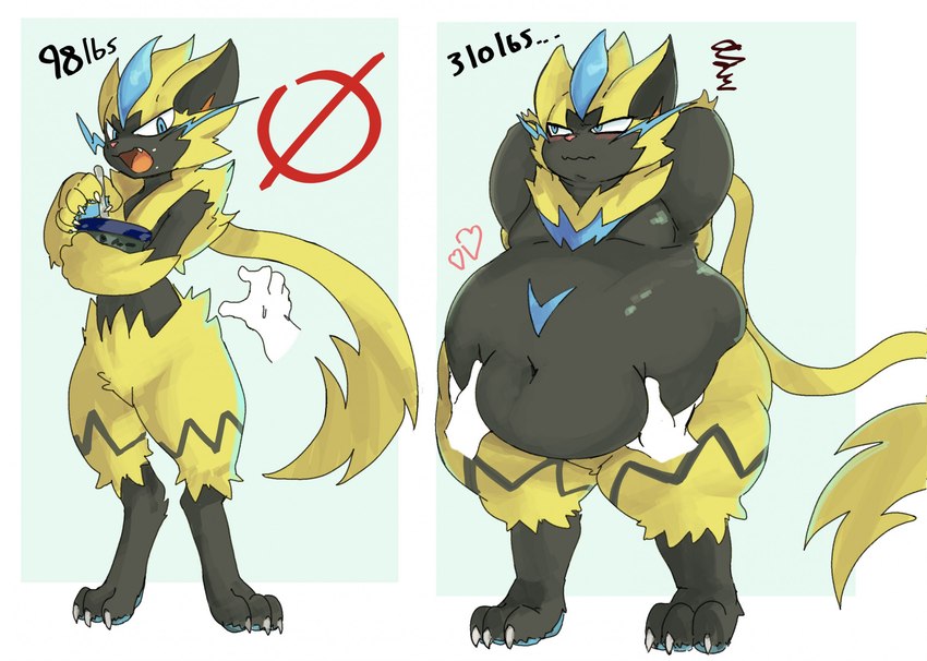 annoyed anthro belly belly_grab big_belly blue_eyes cutlery disembodied_hand fur holding_object kitchen_utensils multicolored_body multicolored_fur navel overweight prohibition_sign simple_background solo spoon symbol text thick_thighs tools weight_difference weight_gain white_background gummyfruitcup nintendo pokemon generation_7_pokemon legendary_pokemon pokemon_(species) zeraora 2024 hi_res