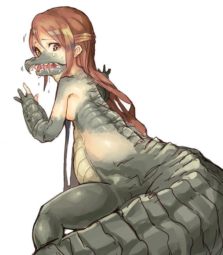 bodily_fluids breasts drooling fangs female green_body green_scales hair looking_back mid_transformation nude open_mouth saliva scales simple_background solo species_transformation tears teeth transformation white_background young airotf crocodilian human mammal reptile scalie 2015