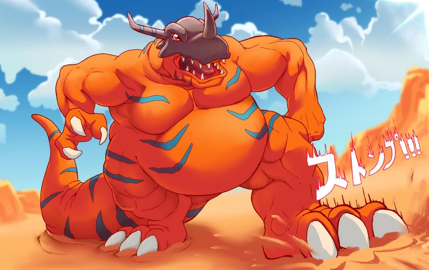 3_fingers 3_toes anthro belly big_belly biped butt claws cloud facial_horn fangs featureless_crotch feet feral fingers foot_focus horn long_tail male muscular nose_horn nude null open_mouth orange_body overweight overweight_anthro overweight_male pecs plantigrade scales sky solo spread_legs spreading stomping tail tailbutt tapering_tail teeth text thick_tail thick_thighs toes steen bandai_namco digimon digimon_(species) dinosaur greymon prehistoric_species reptile scalie 2022 absurd_res digital_media_(artwork) hi_res japanese_text