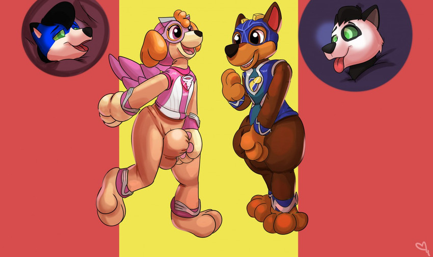 anthro balls bdsm black_nose bondage bound brown_eyes bulge clothed clothing costume duo encasement genitals male mind_control open_mouth pink_eyes plushification plushsuit transformation kastmi paw_patrol chase_(paw_patrol) skye_(paw_patrol) canid canine canis domestic_dog mammal digital_drawing_(artwork) digital_media_(artwork)