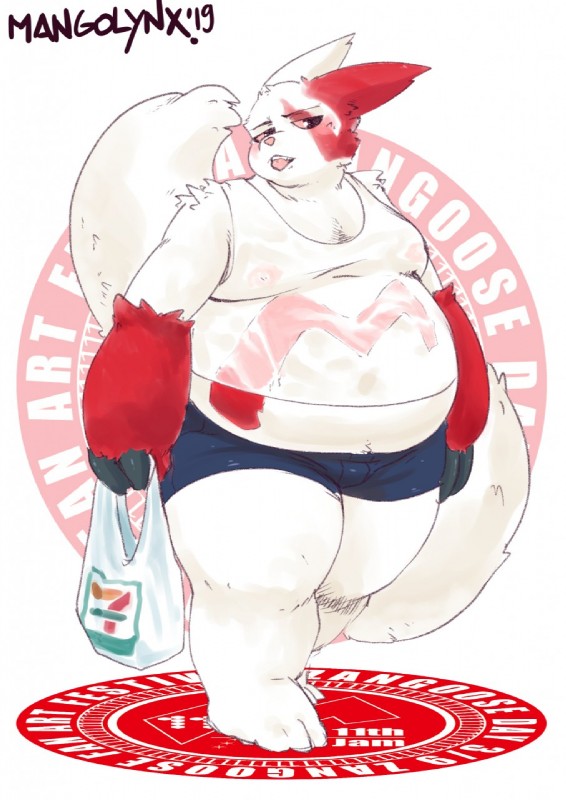 belly bottomwear clothing fur heat_(temperature) hotpants male markings moobs nipples overweight overweight_male plastic_bag red_markings shirt shorts solo tank_top thick_thighs tight_clothing tight_shirt tight_topwear topwear walking wet wet_clothing wet_shirt wet_topwear white_body white_fur mangolynx 7-eleven nintendo pokemon zangoose_day generation_3_pokemon pokemon_(species) zangoose 2019 hi_res