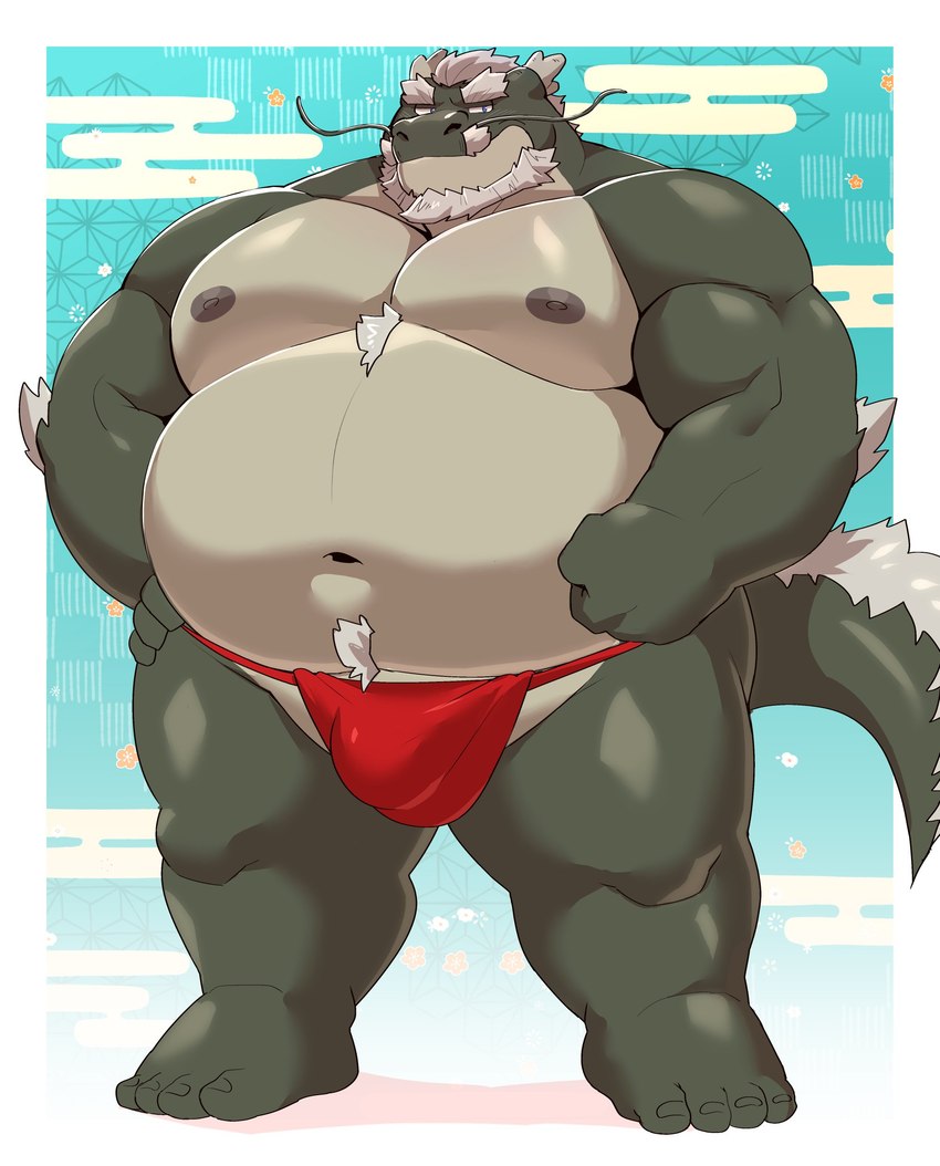 anthro asian_clothing belly big_belly bulge clothing east_asian_clothing fundoshi green_body holidays japanese_clothing kemono male moobs navel nipples overweight overweight_anthro overweight_male red_clothing red_fundoshi red_underwear solo tail underwear 12beat13 mythology new_year dragon mythological_creature mythological_scalie scalie 2024 absurd_res hi_res