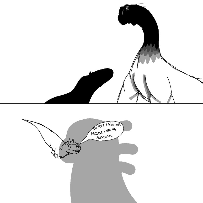 ambiguous_gender claws duo feral head_crest imminent_death looming_over open_mouth quills_(anatomy) shadow sharp_teeth silhouette simple_background size_difference speech_bubble teeth text toony white_background mrchilds16 allosaurid allosaurus dinosaur prehistoric_species reptile sauropod sauropodomorph scalie theropod 1:1 black_and_white english_text hi_res monochrome