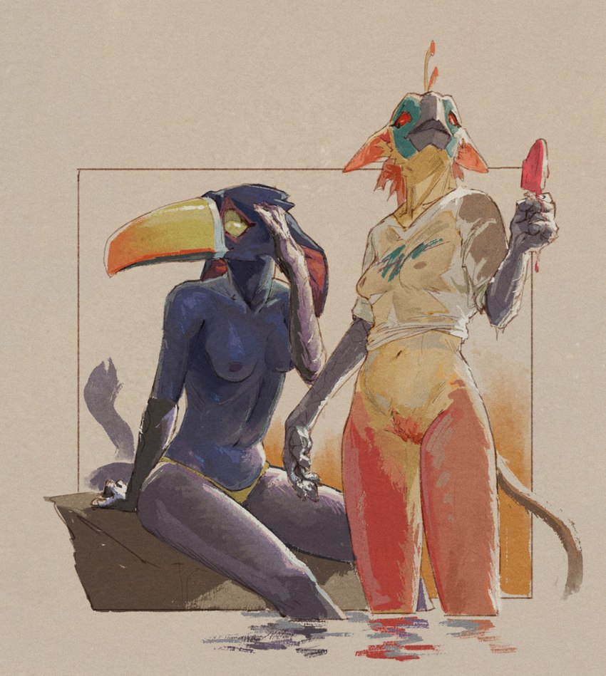 anthro beak bikini bikini_bottom black_beak black_body black_fur black_nipples bottomless bottomless_female breasts brown_body brown_fur clothed clothing duo eye_contact feather_hair feathers female food fur genitals hand_on_head holding_food holding_object looking_at_another multicolored_beak multicolored_body multicolored_fur navel nipples nude orange_beak partially_submerged popsicle pseudo_hair pubes pussy red_body red_eyes red_fur shirt sitting smile standing swimwear topless topless_female topwear topwear_only translucent translucent_clothing two-piece_swimsuit two_tone_body two_tone_fur water wet wet_clothing wet_shirt wet_topwear yellow_body yellow_eyes yellow_fur flowerdino mythology frankie_(flowerdino) mira_(wetchop) aracari avian bird felid gryphon hoatzin hybrid leopard mammal mythological_avian mythological_creature pantherine toucan 2022 hi_res