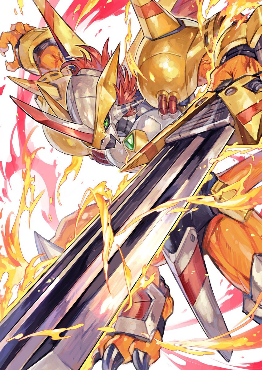 anthro armor claws fire green_eyes hair headgear helmet male melee_weapon muscular muscular_anthro muscular_male muscular_thighs red_hair solo sword weapon wolftapioca bandai_namco digimon digimon_(species) victorygreymon hi_res