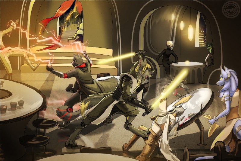 anthro cantina dual_wielding electricity fight forced group holding_object holding_weapon jedi lightning lightsaber melee_weapon violence weapon yellow_lightsaber ctrl_alt_nut star_wars canid canine canis domestic_dog husky mammal nordic_sled_dog spitz wolf 3:2 absurd_res hi_res