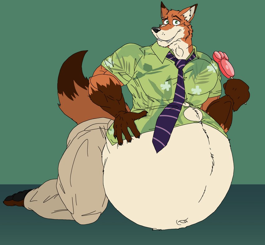 anthro barefoot belly big_belly bloated bottomwear clenched_teeth clothed clothing dress_shirt feet food fur hand_on_belly holding_food holding_object holding_popsicle kneeling looking_at_viewer male navel necktie obese obese_anthro obese_male overweight overweight_anthro overweight_male pants pawpsicle popsicle raised_tail shirt solo tail teeth topwear jakeshepherd502 disney zootopia nick_wilde canid canine fox mammal red_fox true_fox 2022 absurd_res hi_res