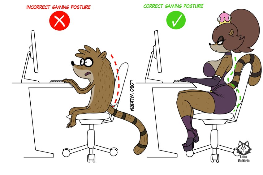 anthro bare_shoulders big_breasts breasts chair clothing computer computer_keyboard crossgender crown dress electronics female furniture half-closed_eyes headgear male mtf_crossgender narrowed_eyes purple_clothing purple_dress simple_background solo super_crown text white_background lobovalkiria cartoon_network correct_gaming_posture mario_bros nintendo regular_show rigbette_(benson_dancing) rigby_(regular_show) mammal procyonid raccoon absurd_res english_text hi_res meme