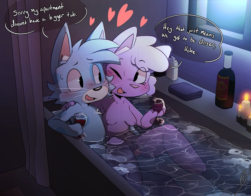 alcohol anthro bath bathing beverage blush bodily_fluids breasts casual_nudity chibi container cuddling cup detailed_background dialogue drinking_glass duo erection female fur genitals glass glass_container glass_cup hair hand_over_shoulder happy heart_symbol love male male/female medium_breasts night nipples nude penis pussy romantic romantic_ambiance romantic_couple romantic_night smile speech_bubble sweat text water wine wine_bottle wine_glass bj_(artist) lucy_(eggnaug) marshall_(eggnaug) domestic_cat felid feline felis mammal 2024 colored digital_drawing_(artwork) digital_media_(artwork) hi_res shaded url watermark