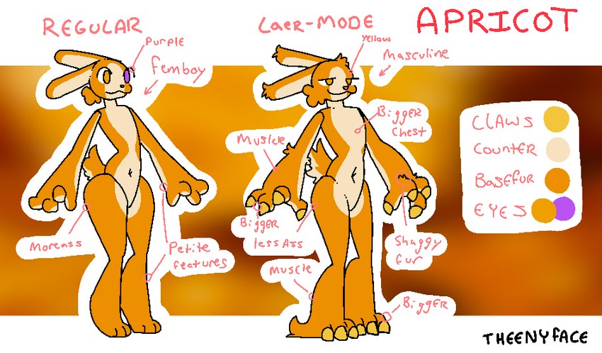 anthro claws countershading fur heterochromia male navel nude orange_body orange_fur purple_eyes short_tail solo tail white_body white_countershading yellow_eyes theenyface apricot_(yare) laerwolf lagomorph leporid mammal rabbit model_sheet