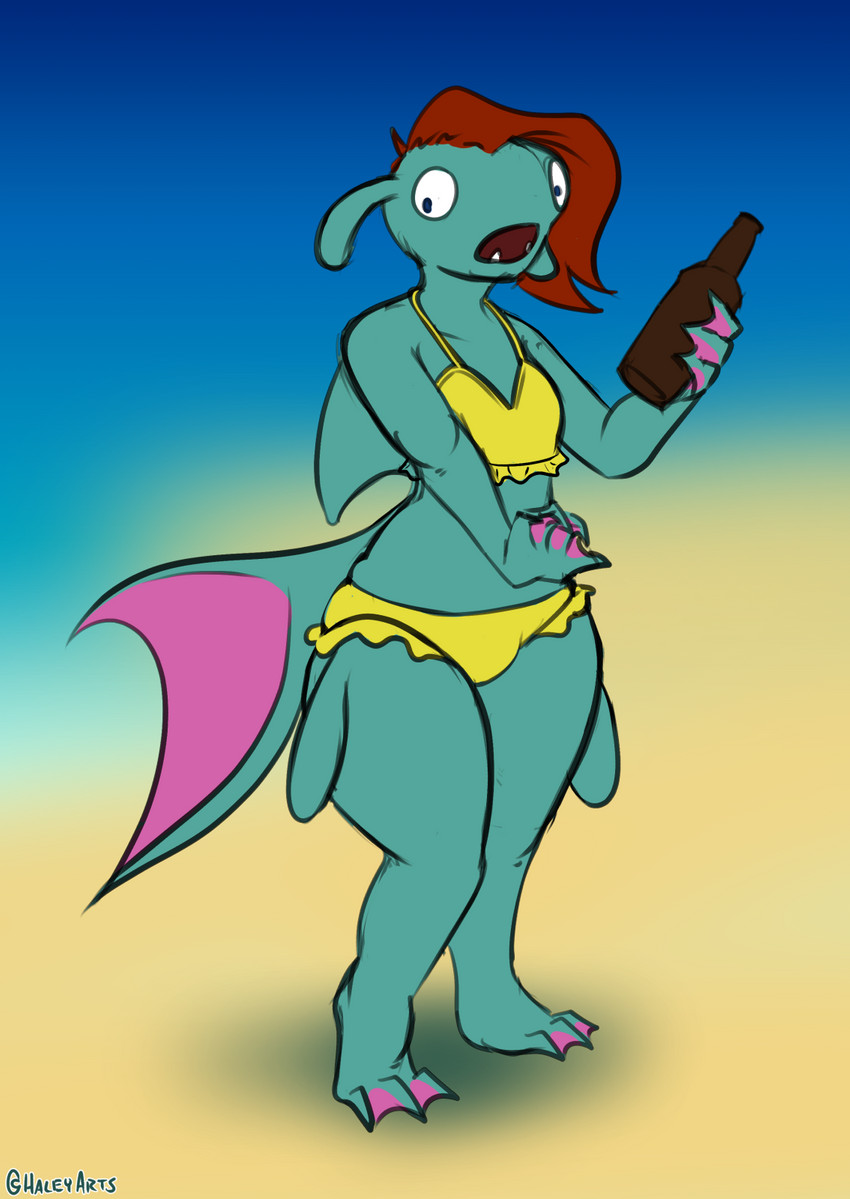 anthro bikini clothing female implied_transformation ruffled_bikini simple_background solo standing swimwear two-piece_swimsuit wide_hips yellow_bikini yellow_clothing yellow_swimwear halcy0n crema_(company) temtem marine pewki_(temtem) temtem_(species) hi_res