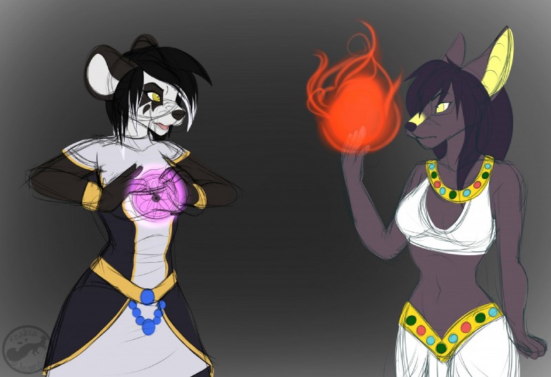 anthro clothed clothing duo female magic navel open_mouth simple_background standing magic_(artist) bear canid canine giant_panda mammal