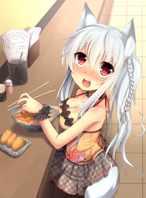 aburaage bare_shoulders blush bowl braided_hair breasts chopsticks cleavage clothed clothing container female flower food furniture hair high-angle_view kitsune_udon_(food) long_hair looking_up open_mouth plant ponytail red_eyes restaurant rose_(flower) side_ponytail sitting solo table tail tofu_(food) white_hair snowfly3141 shi-chan_(oruton) animal_humanoid canid canid_humanoid canine canine_humanoid canis humanoid mammal mammal_humanoid wolf wolf_humanoid hi_res