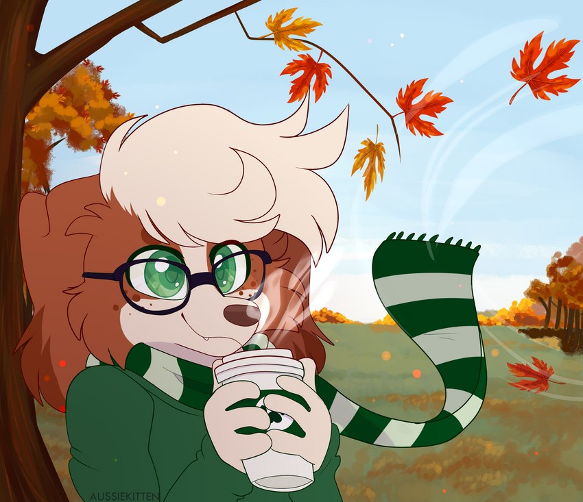 anthro autumn beverage black_eyewear black_glasses blue_sky brown_body brown_fur brown_nose cheek_tuft clothed clothing container cup day detailed_background eyewear facial_tuft fall_leaves fangs female female_anthro floppy_ears freckles fur glasses grass green_clothing green_hoodie green_scarf green_topwear head_tuft holding_beverage holding_container holding_cup holding_object hoodie leaf lop_ears outside pattern_clothing pattern_scarf plant scarf sky smile snout solo steam striped_clothing striped_scarf stripes teeth topwear tree tuft wearing_glasses white_body white_fur aussiekitten cloud_(cloudpie) bird_dog canid canine canis cavalier_king_charles_spaniel domestic_dog hunting_dog mammal spaniel toy_dog 2023 absurd_res bust_portrait digital_drawing_(artwork) digital_media_(artwork) hi_res portrait