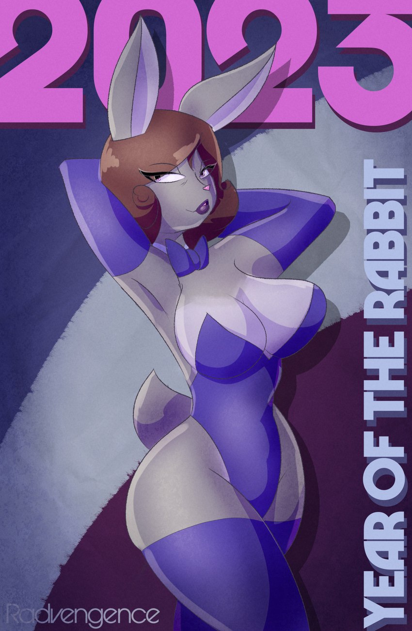 anthro big_breasts blue_clothing bow_(feature) bow_in_front bow_tie breasts brown_hair bunny_costume cleavage clothed clothing costume female fur gloves grey_body grey_fur hair hands_behind_head handwear holidays legwear lipstick looking_at_viewer makeup mature_female pink_eyes purple_lipstick simple_background solo text thigh_highs radvengence chinese_zodiac new_year new_year_2023 year_of_the_rabbit abagail_(radvengence) lagomorph leporid mammal rabbit digital_media_(artwork) hi_res