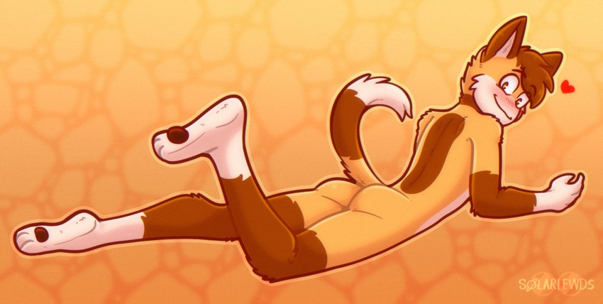 anthro big_butt blush brown_body brown_fur butt feet fur hair heart_symbol inner_ear_fluff legs_up looking_at_viewer looking_back lying lying_on_ground male multicolored_body multicolored_fur nude on_front on_ground orange_body orange_fur pawpads paws presenting presenting_hindquarters simple_background smile smiling_at_viewer solo tail teasing text toes tuft two_tone_body two_tone_fur white_body white_fur solarlewds felinia alex_(felinia) domestic_cat felid feline felis mammal digital_media_(artwork) hi_res