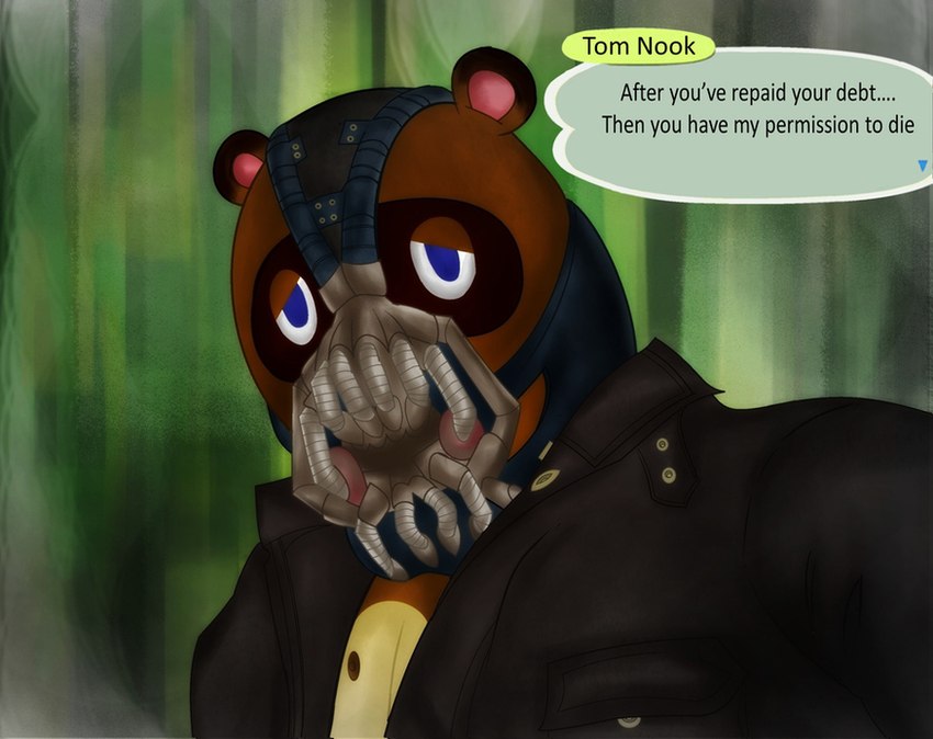 anthro blue_eyes looking_at_viewer male parody solo text kennuhisaki animal_crossing dc_comics nintendo the_dark_knight_rises_(movie) bane_(dc) tom_nook_(animal_crossing) canid canine mammal raccoon_dog tanuki english_text