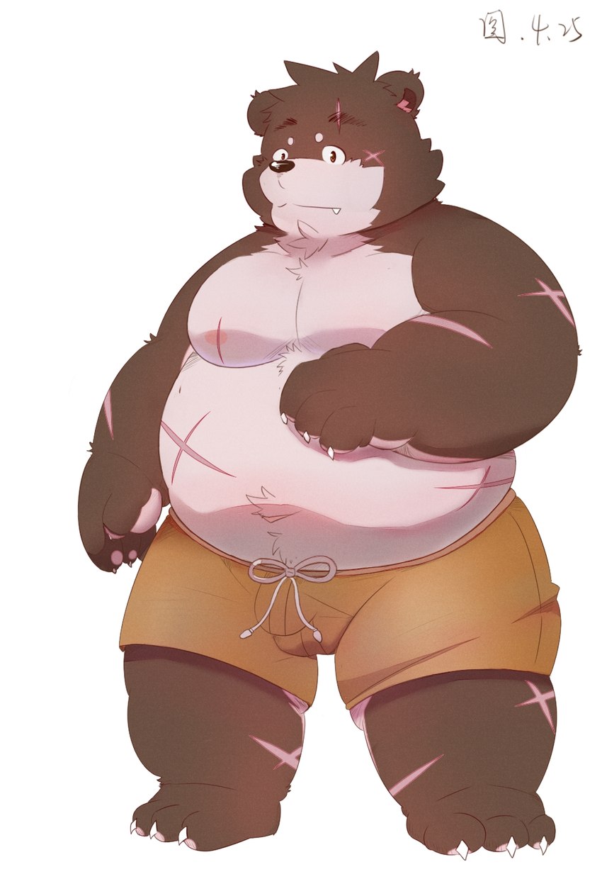 anthro bottomwear brown_body brown_fur bulge clothing cute_fangs fangs fur kemono male overweight overweight_anthro overweight_male scar shorts simple_background solo teeth white_background lantu_(artist) canid canine canis domestic_dog mammal 2021 hi_res