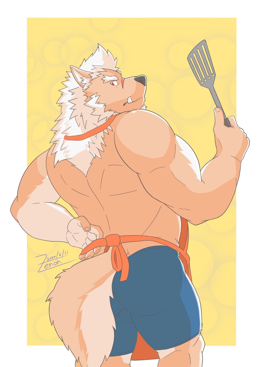 anthro apron back_muscles biped black_nose blue_bottomwear blue_clothing blue_shorts border bottomwear brown_body brown_fur bulge butt cheek_tuft clothing eyebrows facial_scar facial_tuft fangs fluffy fluffy_tail fur hair hand_behind_back head_tuft holding_object holding_tool humanoid_hands inner_ear_fluff kemono looking_at_viewer looking_back looking_back_at_viewer male mane multicolored_body multicolored_fur muscular muscular_anthro muscular_male rear_view red_eyes scar shorts simple_background snout snout_scar solo spatula tail tail_aside tan_body tan_fur teeth tools tuft tusks two_tone_body two_tone_fur white_body white_border white_eyebrows white_fur white_hair white_mane yellow_background zenon_s2017 lifewonders tokyo_afterschool_summoners marchosias_(tas) canid canine canis demon mammal wolf 2020 absurd_res hi_res portrait signature three-quarter_portrait