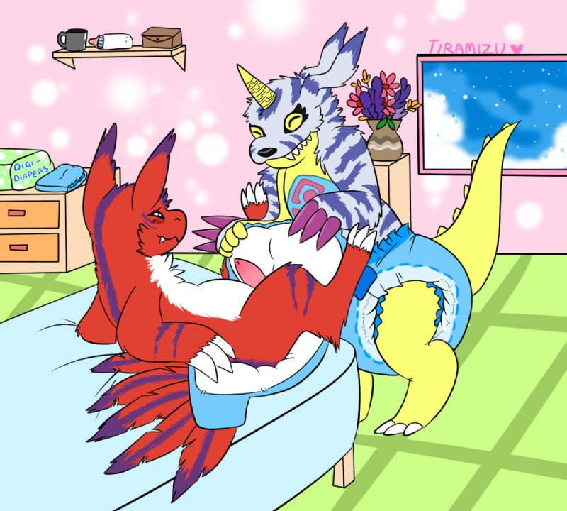 anthro baby_bottle bed blue_diaper clean_diaper clothed clothing diaper diaper_change diaper_package duo erection folded_diaper furniture genitals male male/male open_diaper penis putting_on_diaper smile wearing_diaper tiramizu_(artist) bandai_namco digimon digimon_(species) elecmon gabumon 2016 digital_media_(artwork) story story_in_description