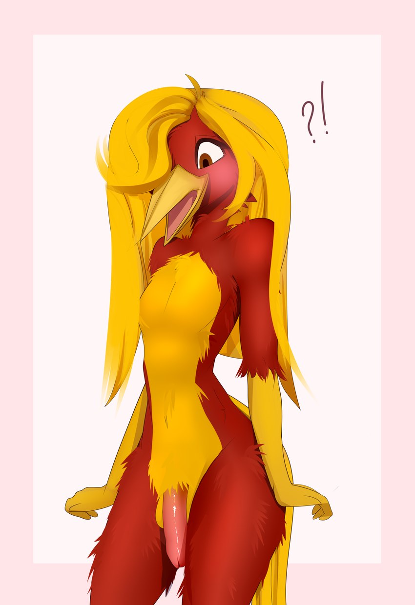 anthro beak clothing embarrassed feathers hair leotard long_hair long_tail male red_body red_feathers tail yellow_beak yellow_body yellow_feathers catcake5 glori_gamebird avian bird chrysolophus galliform golden_pheasant phasianid absurd_res hi_res