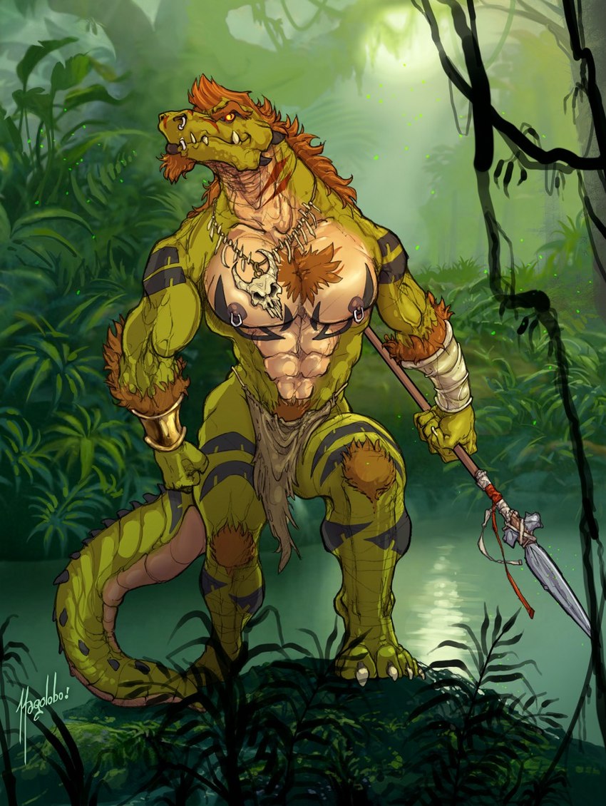 anthro body_hair bottomwear clothed clothing facial_piercing green_body green_scales hairy loincloth male markings melee_weapon muscular muscular_anthro muscular_male nipple_piercing nipples nose_piercing piercing polearm scales scar solo spear swamp tattoo tribal tribal_markings weapon yellow_eyes magolobo alex_(jrbart) alligator alligatorid crocodilian reptile scalie hi_res