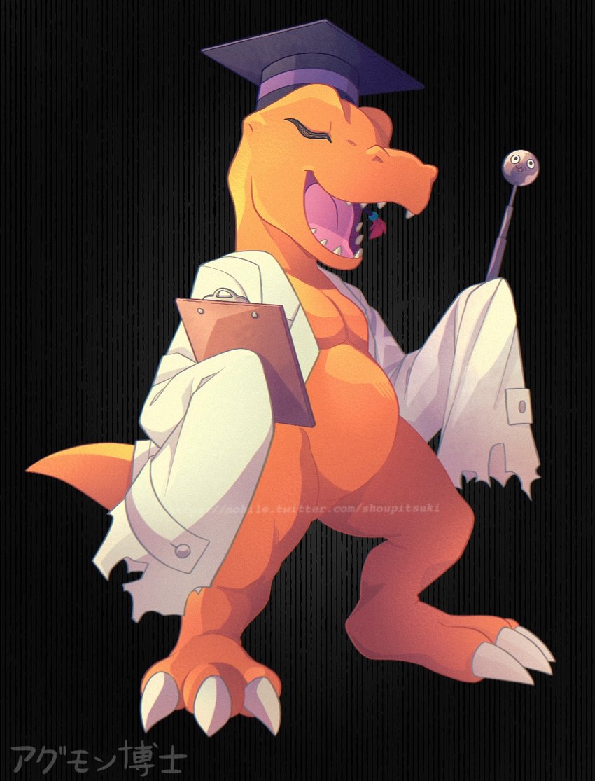 ambiguous_gender anthro baton belly claws clipboard clothing coat eyes_closed hat headgear headwear lab_coat pecs sharp_teeth simple_background solo standing teeth topwear yellow_body shoupitsuki bandai_namco digimon agumon agumon_expert digimon_(species) dinosaur prehistoric_species reptile scalie hi_res