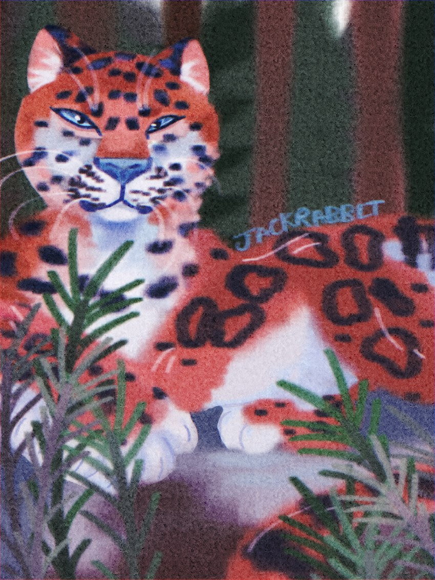 ambiguous_gender blue_eyes blue_nose claws countershading crossed_arms dirt feral fern fur leopard_spots lying markings on_front orange_body orange_fur plant rock semi-realistic snow solo spots spotted_markings textured tree whiskers winter winter_coat jackrabbit_(artist) amur_leopard felid leopard mammal pantherine 2024 3:4 absurd_res hi_res