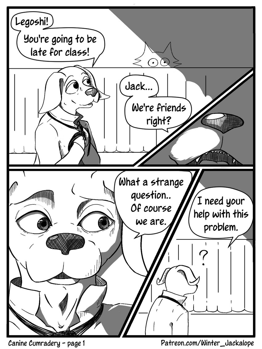 anthro clothed clothing dialogue duo fur male male/male necktie open_mouth smile text wintersink beastars jack_(beastars) legoshi_(beastars) bird_dog canid canine canis domestic_dog hunting_dog labrador mammal retriever wolf 3:4 comic english_text hi_res monochrome url