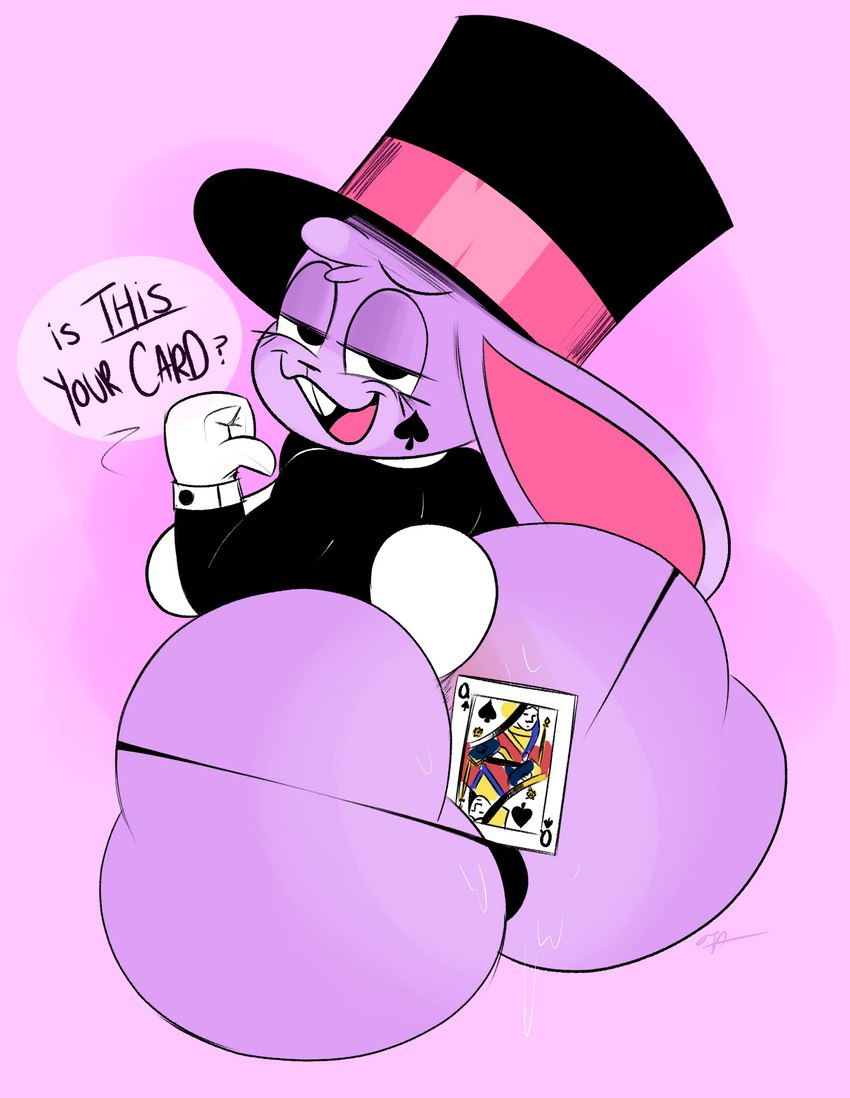 anthro big_butt black_eyes black_nose buckteeth butt card clothing dialogue eyelashes female fur gloves hair handwear hat head_tuft headgear headwear huge_butt long_ears looking_at_viewer magician magician_hat pink_background pink_hair pink_inner_ear playing_card purple_body purple_fur queen_of_spades queen_of_spades_symbol raceplay rear_view scut_tail short_tail simple_background solo spade_tattoo spades_(suit) suit_symbol tail talking_to_viewer tattoo teeth teeth_showing text top_hat tuft white_clothing white_gloves white_handwear ota_(artist) beth_bunny_(ota) lagomorph leporid mammal rabbit 2023 artist_name hi_res signature