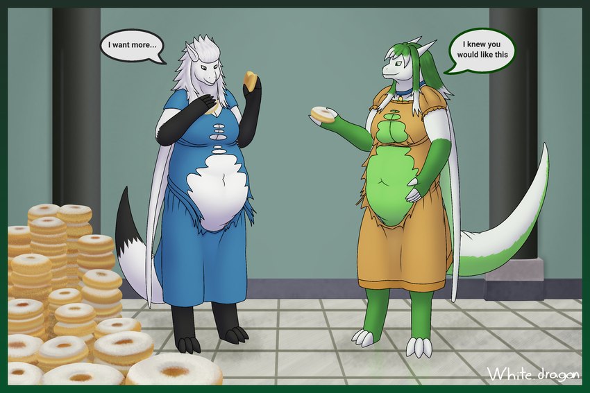 3_toes 5_fingers anthro belly big_belly big_breasts black_body black_fur bloated breasts claws clothing collar collar_tag dessert detailed_background digitigrade doughnut dress duo eating feet female fingers food fur green_body green_eyes green_fur green_hair grey_eyes hair huge_belly membrane_(anatomy) membranous_wings navel obese obese_female overweight overweight_female pastry smile speech_bubble stuffing tail tearing_clothing text tight_clothing toes torn_clothing weight_gain white_body white_fur white_hair wings white-dragon mythology dragon furred_dragon furred_scalie mythological_creature mythological_scalie scalie 2024 3:2 english_text hi_res signature