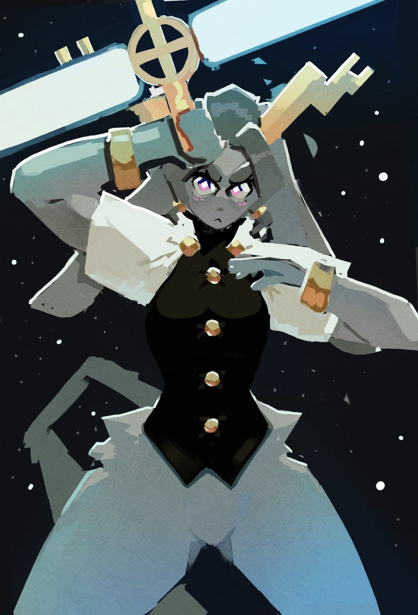 angry anthro antlers bangs blue_eyes bottomless clothed clothing cosmic_background dream_breaker_(pseudoregalia) featureless_crotch female fur grey_body grey_fur horn jagged_tail jewelry leg_tuft solo space space_background thigh_tuft topwear tuft vest weapon pingpenne pseudoregalia sybil_(pseudoregalia) bovid caprine felid feline goat lagomorph leporid mammal rabbit digital_media_(artwork) digital_painting_(artwork) hi_res lineless