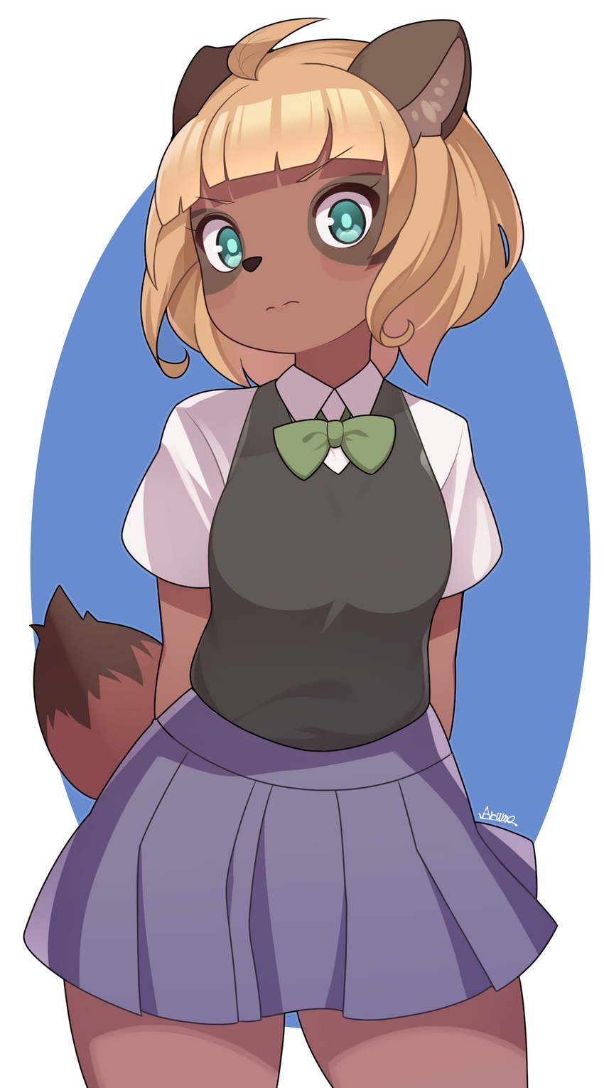 anthro blonde_hair blue_bottomwear blue_clothing blue_eyes blue_skirt bottomwear clothing female green_bow hair looking_at_viewer shirt short_hair skirt solo topwear white_clothing white_shirt white_topwear arumo canid canine mammal raccoon_dog tanuki absurd_res hi_res