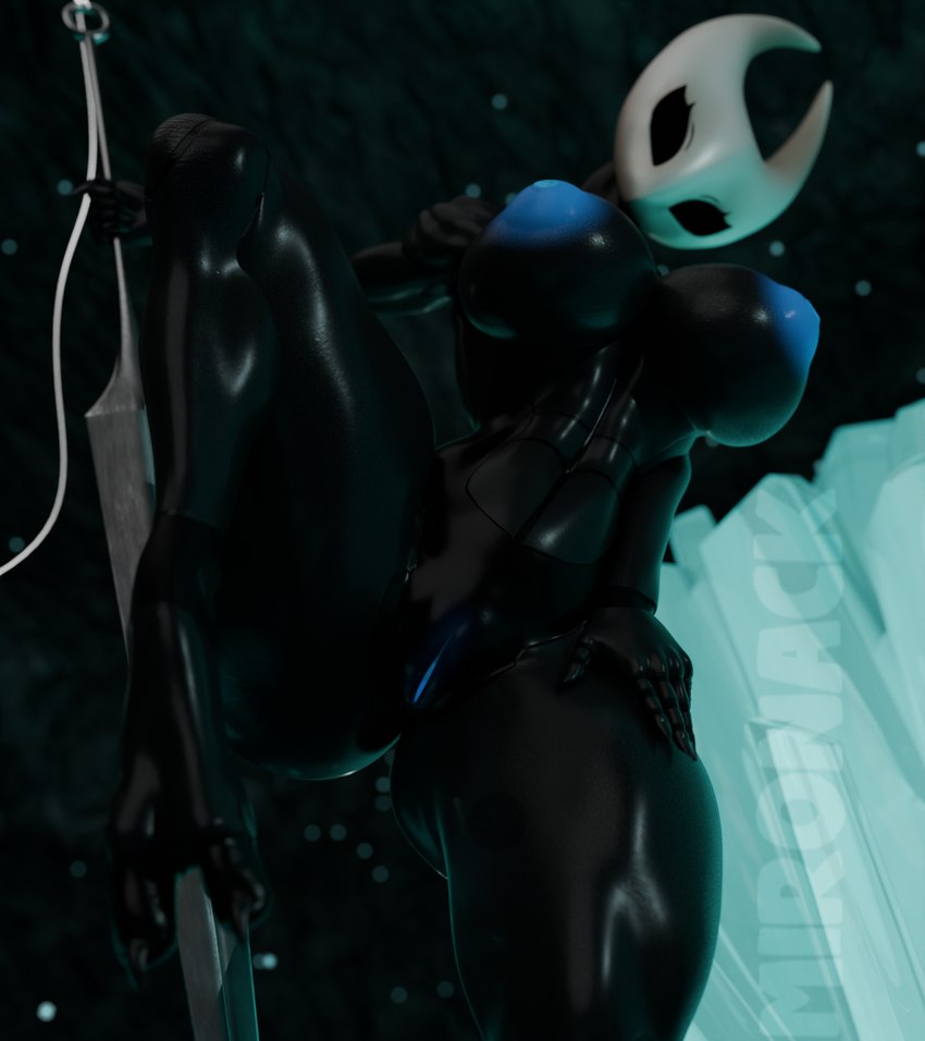 anthro big_breasts black_body black_breasts black_eyes blue_nipples bottom_view breasts cave cave_background eyelashes female genitals holding_melee_weapon holding_object holding_weapon horn looking_at_viewer looking_down melee_weapon nipples nude poster pussy raised_leg solo weapon white_head mironack hollow_knight team_cherry hornet_(hollow_knight) arthropod 3d_(artwork) blender_(artwork) digital_media_(artwork) hi_res watermark