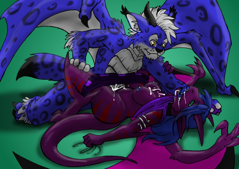 3_toes 4_fingers ahegao anthro arm_grab armlet big_feet big_wings black_collar black_horn black_markings black_nose blue_body blue_fur blue_hair blue_nipples blue_tongue blue_wings bodily_fluids bottomwear breasts claws clothed clothing clothing_lift collar cum cum_drip cum_in_mouth cum_in_pussy cum_inside cum_on_breasts cum_on_chest cum_on_face cum_on_self cum_on_tongue cum_splatter dark_nipples digitigrade dragon_tail dripping duo ears_back ears_down excessive_cum excessive_genital_fluids fangs feet female female_penetrated fingers flowing_hair fluffy fluffy_tail folded_wings from_front_position fucked_silly fur fur_markings genital_fluids grabbing_sheets green_background green_eyes green_sclera hair hair_down horn humanoid_pointy_ears jewelry lizard_tail long_ears long_hair long_tail long_tongue looking_away looking_down looking_pleasured lying male male/female male_penetrating male_penetrating_female markings membrane_(anatomy) membranous_wings miniskirt missionary_position mohawk nipple_piercing nipples nude on_back on_ground open_mouth orgasm orgasm_face partially_clothed paws penetration piercing pink_membrane pinned pivoted_ears pleated_skirt pointy_ears purple_body purple_bottomwear purple_clothing purple_horn purple_nose purple_skin purple_topwear raised_clothing raised_shirt raised_topwear red_stripes scales sex sharp_teeth shirt shirt_lift simple_background skirt skirt_lift smile snout spread_wings straight_hair striped_body striped_skin stripes tail talons tank_top teeth thick_tail titanium toes tongue tongue_out topwear ventral_scales wavy_hair white_hair wing_claws winged_arms wings yellow_eyes catslippers mythology akhlys jarvis_(darthandroid) domestic_cat dragon felid feline felis gargoyle hybrid lynx mammal mythological_creature mythological_scalie scalie 2015 digital_media_(artwork) shaded