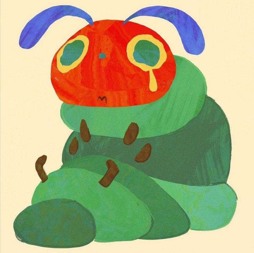 ambiguous_gender bodily_fluids brown_legs crying feral green_body green_eyes hexapod larva looking_at_viewer red_body solo tears yellow_sclera mila.useche the_very_hungry_caterpillar arthropod caterpillar insect 2024