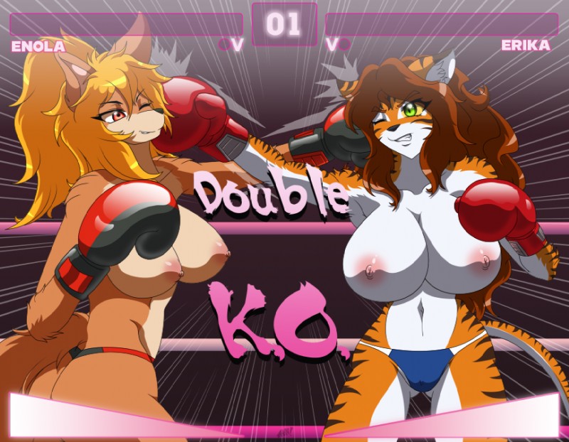 anthro big_breasts boxing boxing_gloves breasts butt clothed clothing duo female handwear navel nipples one_eye_closed panties punch sport stripes teeth topless underwear violence desingahv enola_(mlpboxing) erika_(bornvictim) canid canine felid mammal pantherine tiger 2017