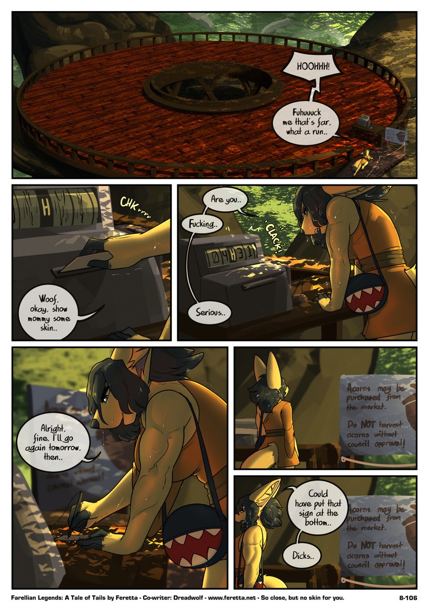 anthro black_hair blue_eyes bodily_fluids clothing dialogue female forest fur hair muscular muscular_female plant platform profanity purse robe scenery signpost solo sweat text tree winded yellow_body yellow_fur feretta tale_of_tails fenavi_montaro canid canine fennec_fox fox mammal true_fox comic english_text hi_res url