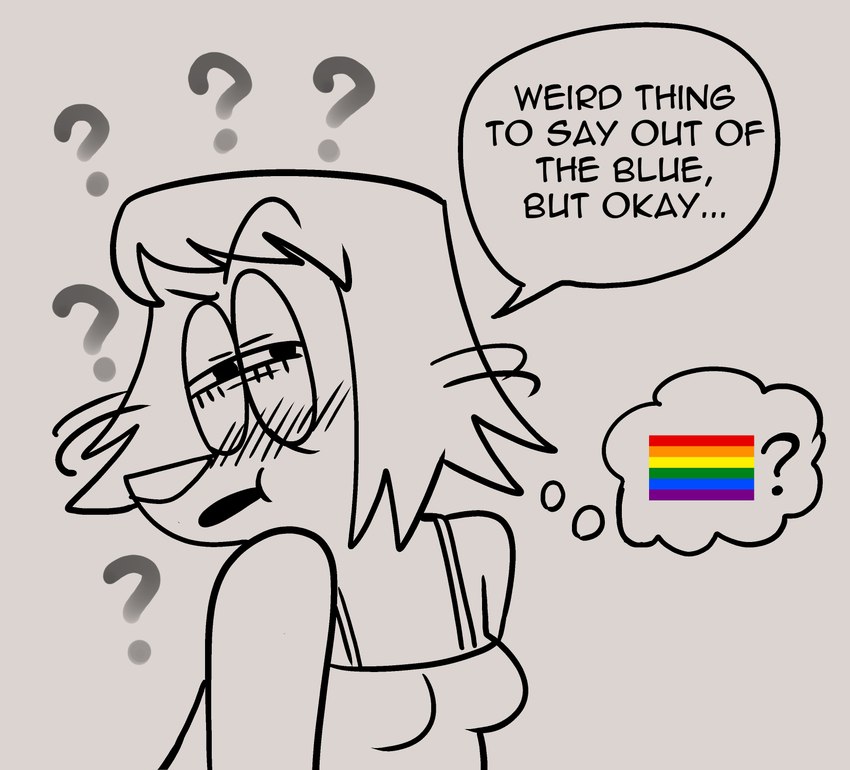 anthro blush dialogue eyebrows female humor lgbt_pride pride_colors question_mark rainbow_flag rainbow_pride_flag rainbow_symbol raised_eyebrow solo text galactabee nikki_(galactabee) canid canine canis domestic_dog mammal 2024 black_and_white english_text hi_res monochrome