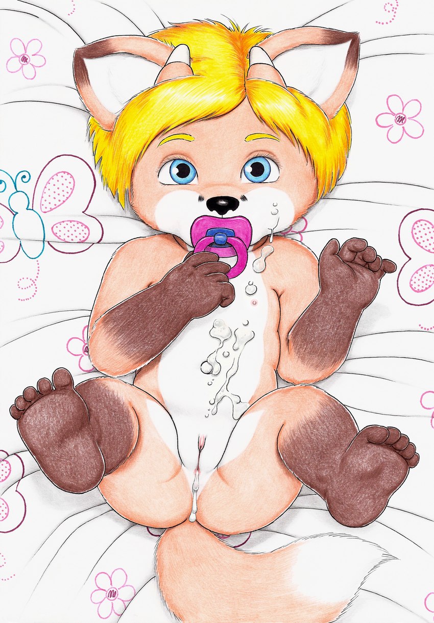 anthro anus baby blonde_hair bodily_fluids butt clitoris cum cum_in_pussy cum_inside cum_on_belly cum_on_body cum_on_face female genital_fluids genitals gloves_(marking) hair horn leg_markings loli looking_at_viewer markings navel nude pacifier pussy socks_(marking) solo young young_anthro young_female maximilo katinka canid canine fox mammal red_fox true_fox 2014 absurd_res hi_res