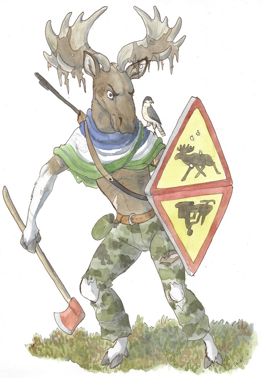 anthro antlers axe belt bottomwear brown_body bullet_hole camo camo_bottomwear camo_clothing camo_pants camo_print canteen clothing fingers gloves_(marking) gun hoof_hands hooved_fingers hooves horn improvised_shield male markings pants pattern_bottomwear pattern_clothing pattern_pants ranged_weapon rifle shield solo traffic_sign weapon bjekkergauken avian bird deer falcon falconid mammal moose new_world_deer 2022 absurd_res hi_res