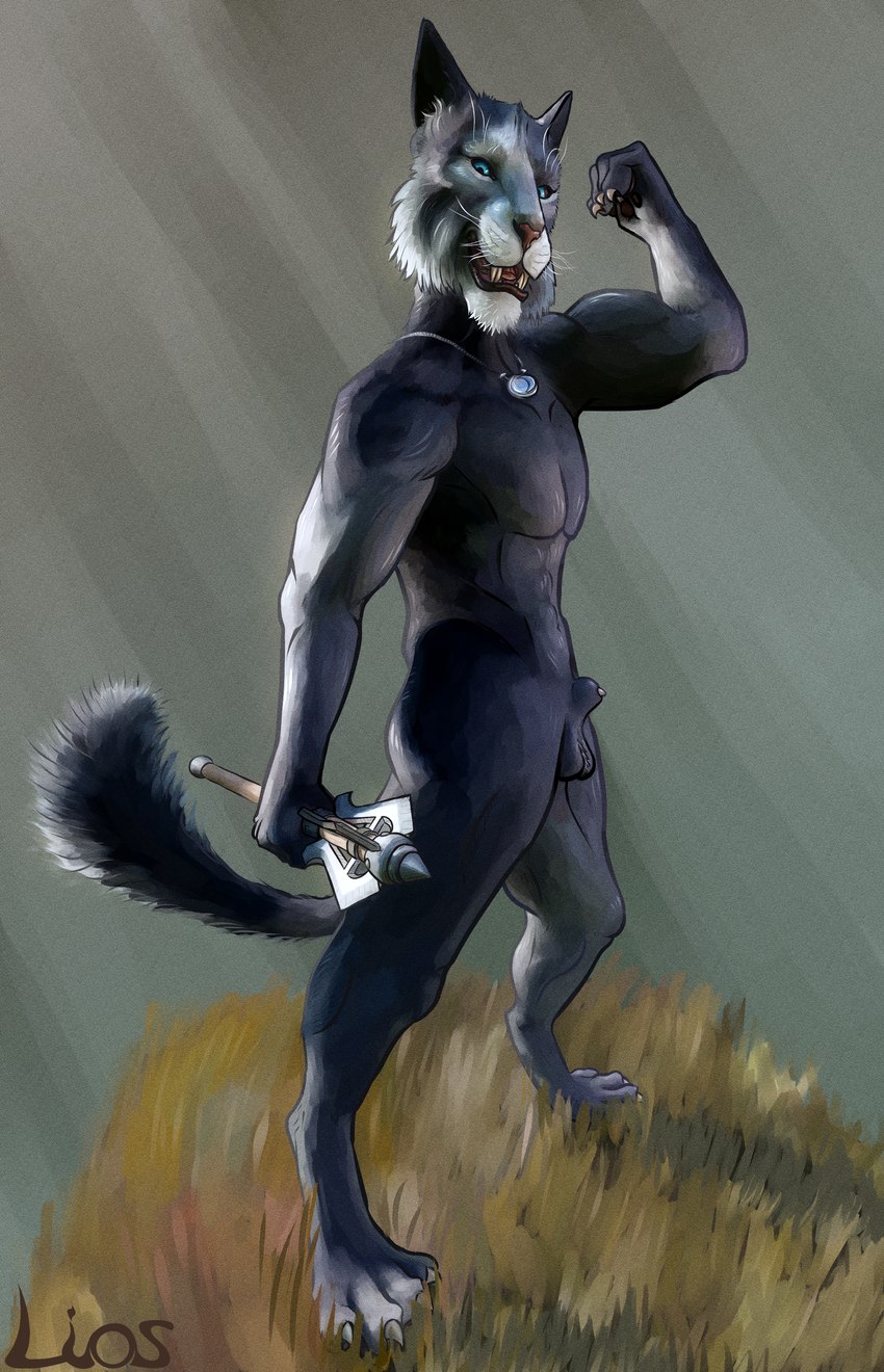 animal_genitalia anthro balls black_body black_fur blue_eyes flexing fluffy fluffy_tail fur genitals mace male melee_weapon muscular nude sheath smile smiling_at_viewer solo tail weapon liosoun bethesda_game_studios microsoft skyrim the_elder_scrolls kharjo felid khajiit mammal absurd_res hi_res