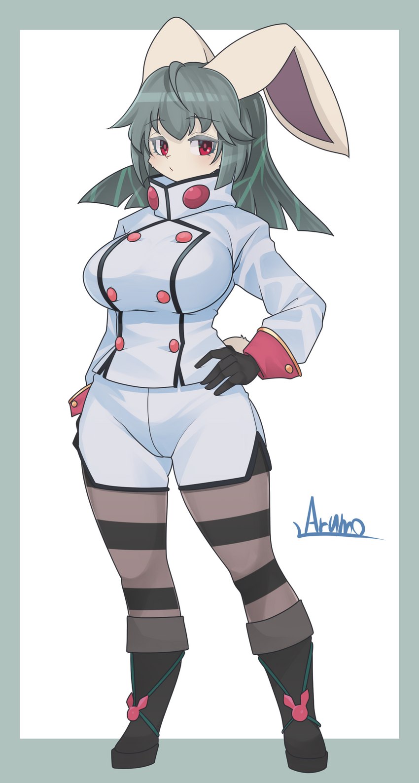 anthro blush boots breasts brown_body brown_fur clothing female footwear fur hair hand_on_hip pattern_clothing red_eyes shoes simple_background solo striped_clothing stripes arumo lagomorph leporid mammal rabbit 2021 absurd_res hi_res