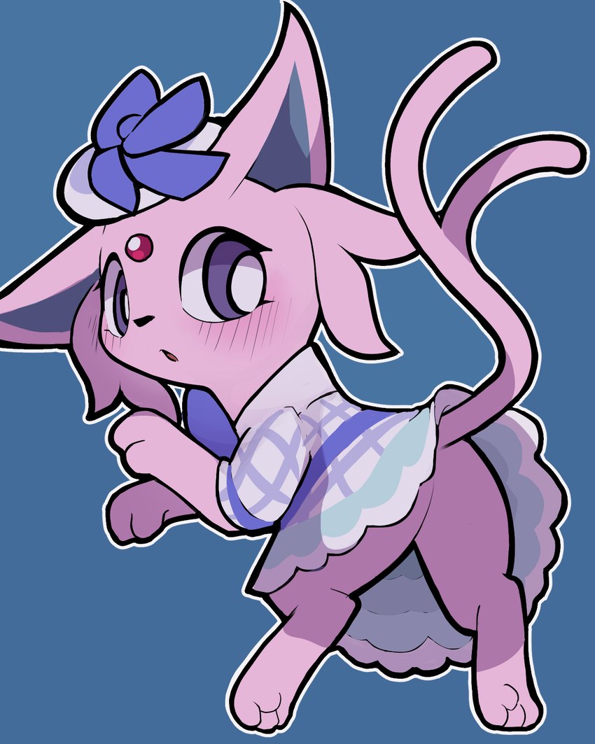 ambiguous_gender blush butt clothed clothed_feral clothing dress feet feral foot_focus fur holowear_(pokemon) looking_back open_mouth paws pink_body pink_fur purple_eyes raised_tail simple_background soles solo tail toes upskirt seologi nintendo pokemon pokemon_unite checkered_style_espeon eeveelution espeon generation_2_pokemon pokemon_(species) 2023 hi_res