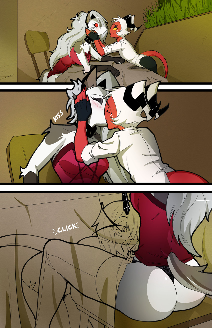 anthro bisexual bisexual_female blush breasts butt claws clothed clothed_anthro clothed_female clothed_male clothing cunnilingus dialogue dress female female_anthro food fur furniture grey_body grey_fur grey_hair group hair horn husband_and_wife kiss_on_lips kissing long_comic long_hair male male/female married_couple multicolored_body multicolored_fur oral panties public public_sex red_body red_skin restaurant sex sitting smile stealth_sex table tail text tongue tongue_out trio two_tone_body two_tone_fur under_table underwear vaginal white_body white_fur white_hair swain_(artist) hellaverse helluva_boss mythology loona_(helluva_boss) millie_(helluva_boss) moxxie_(helluva_boss) canid canid_demon canine demon hellhound humanoid imp mammal mythological_canine mythological_creature 2025 comic digital_media_(artwork) english_text hi_res url