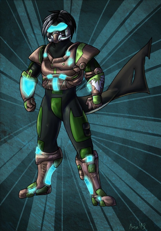 abstract_background anthro armor biped black_hair bulge glowing green_background hair looking_at_viewer male mask pose simple_background solo standing superhero foxinajacket citadel_(garret_brennar) garret_brennar fish marine shark hi_res