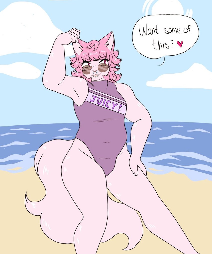 5_fingers anthro bangs beach breasts clothing cloud detailed_background exclamation_point eyelashes eyewear facial_piercing female fingers flexing flexing_bicep fluffy fluffy_tail front_view fur hair hand_on_hip heart_symbol looking_aside nose_piercing nose_ring one-piece_swimsuit open_mouth piercing pink_body pink_fur pink_hair question_mark red_eyes ring_piercing sand sea short_hair solo speech_bubble sun sunglasses swimwear tail text text_on_clothing text_on_topwear topwear triangular_ears water mutedlavender robin_(mutedlavender) domestic_cat felid feline felis mammal 5:6 colored english_text flat_colors hi_res