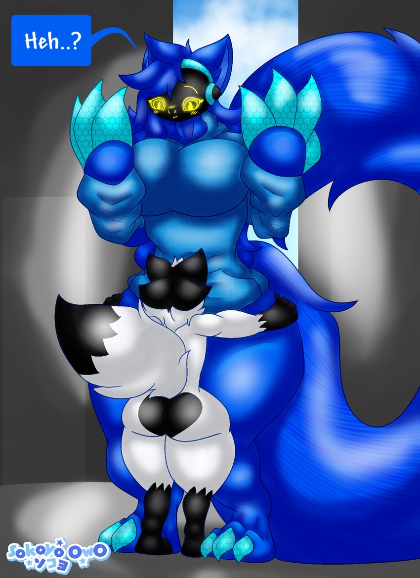 3_toes 4_ears 4_fingers anthro big_breasts big_feet blue_body blue_fur blue_hair blush blush_lines breasts claws cybernetics duo faceless_character faceless_male feet female fingers fur hair hug long_tail looking_at_another looking_down machine male male/female multi_ear protogen_visor raised_tail size_difference surprise surprised_expression tail thick_thighs toes white_body white_fur yellow_eyes sokoyo_owo starry_(sokoyo_owo) canid canine cyborg mammal protogen hi_res